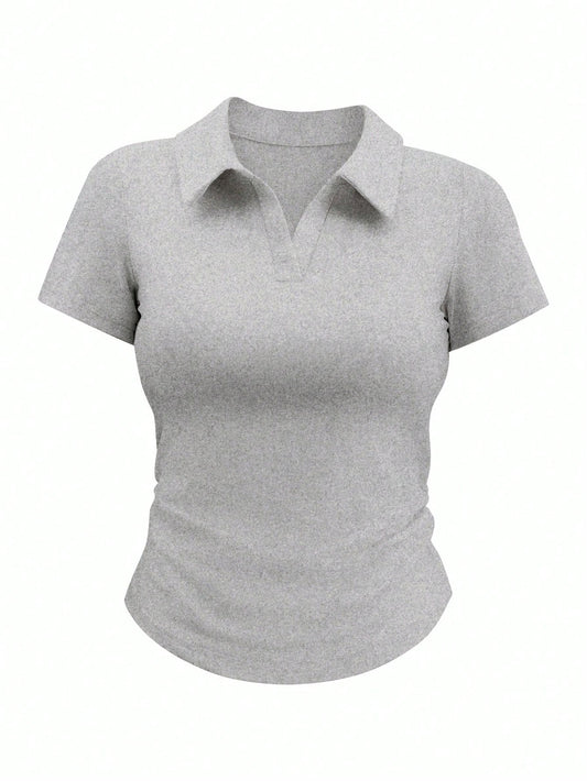 Airaco Women's Solid Color Collared Short Sleeve Casual Ruched T-Shirt