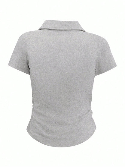Airaco Women's Solid Color Collared Short Sleeve Casual Ruched T-Shirt