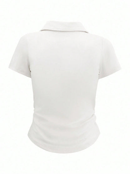 Airaco Women's Solid Color Collared Short Sleeve Casual Ruched T-Shirt