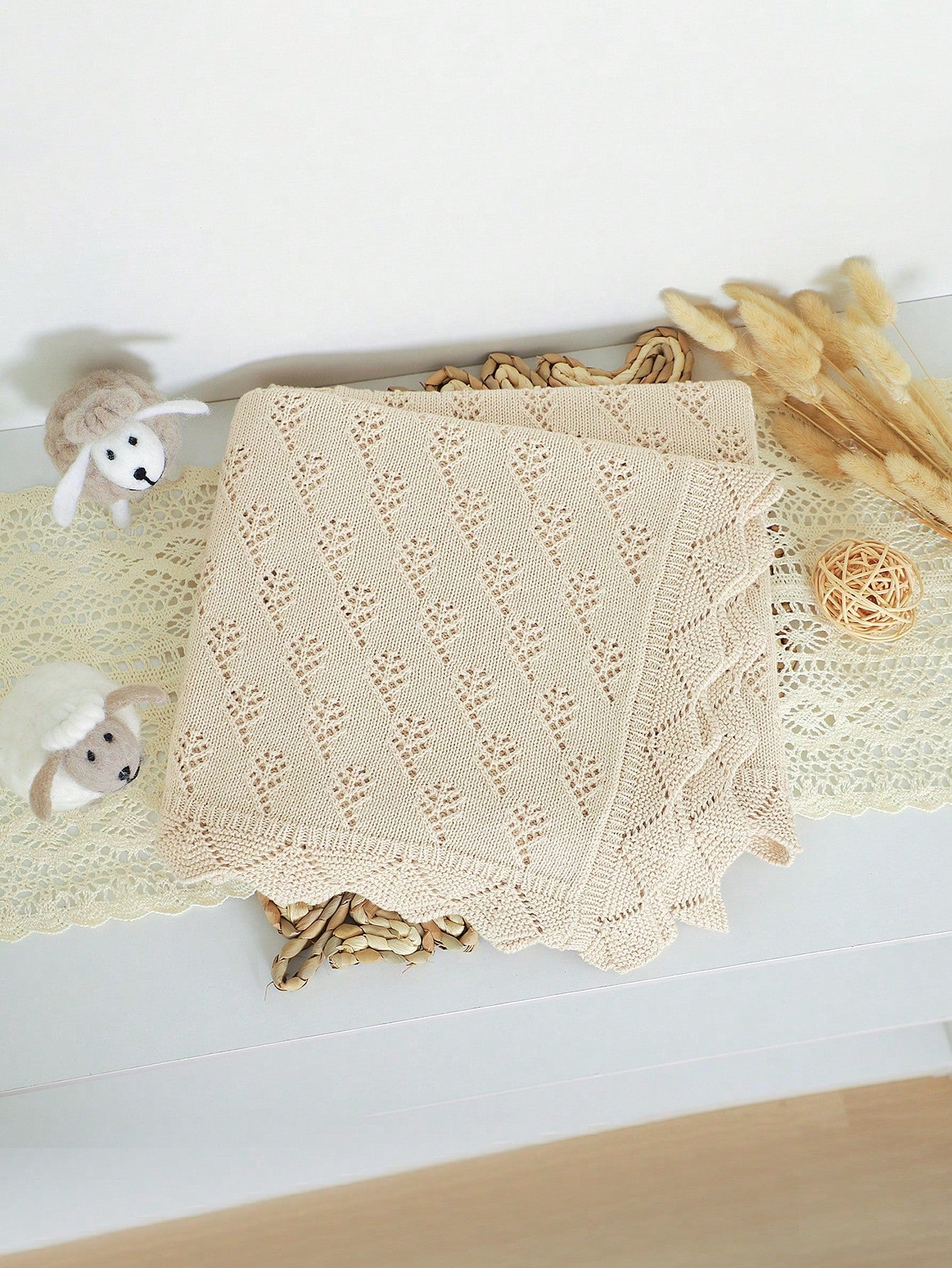 All-Season Pure Cotton Knitted Baby Blanket, Newborn Swaddle Wrap, Lace Trim Stroller Blanket, Soft Children's Throw Blanket, Infant Essentials