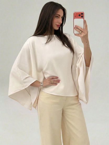 Aloruh Boat Neck Voluminous Sleeve Cinched Waist Commuter Shirt