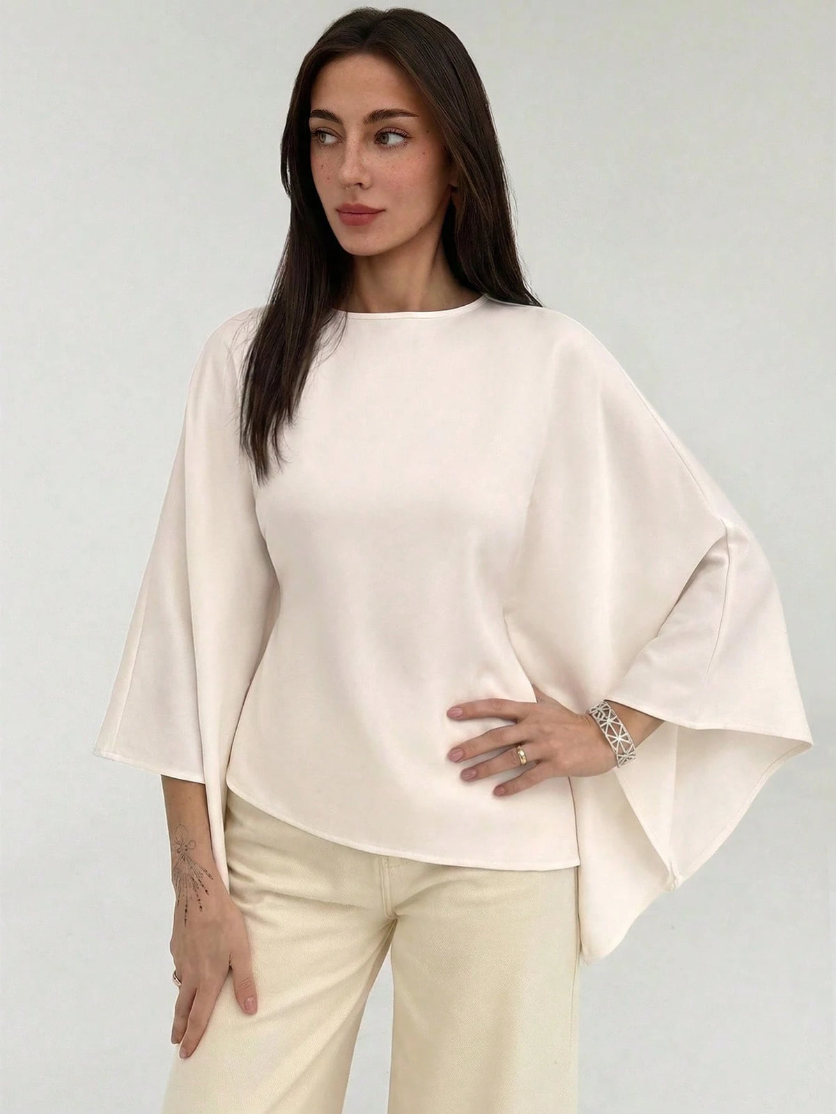 Aloruh Boat Neck Voluminous Sleeve Cinched Waist Commuter Shirt