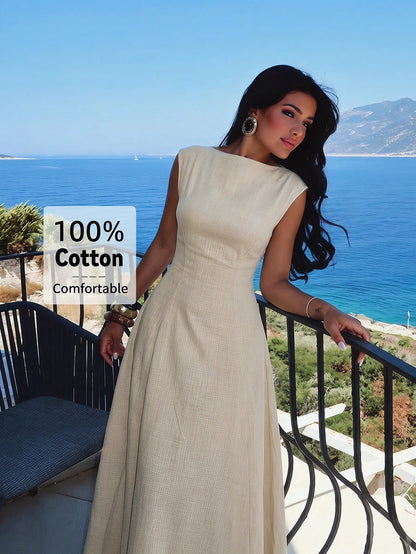 Aloruh Elegant Beige Summer Tropical Holiday Tea Party Vacation Cotton Maxi Dress For Women, Cap Sleeve Waist Gathering Pleated Skirt