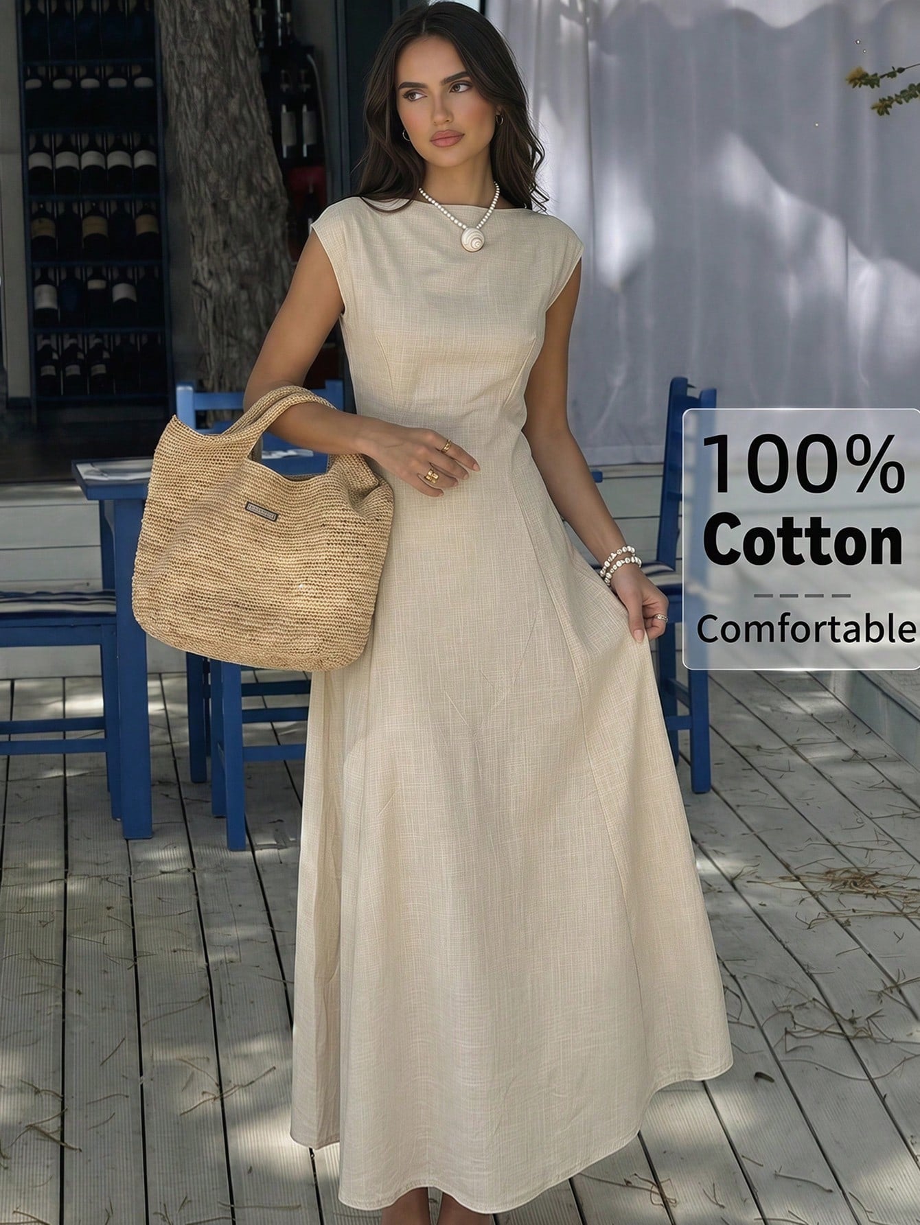 Aloruh Elegant Beige Summer Tropical Holiday Tea Party Vacation Cotton Maxi Dress For Women, Cap Sleeve Waist Gathering Pleated Skirt