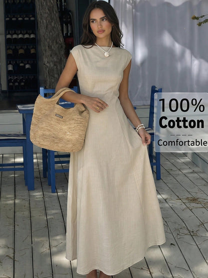 Aloruh Elegant Beige Summer Tropical Holiday Tea Party Vacation Cotton Maxi Dress For Women, Cap Sleeve Waist Gathering Pleated Skirt