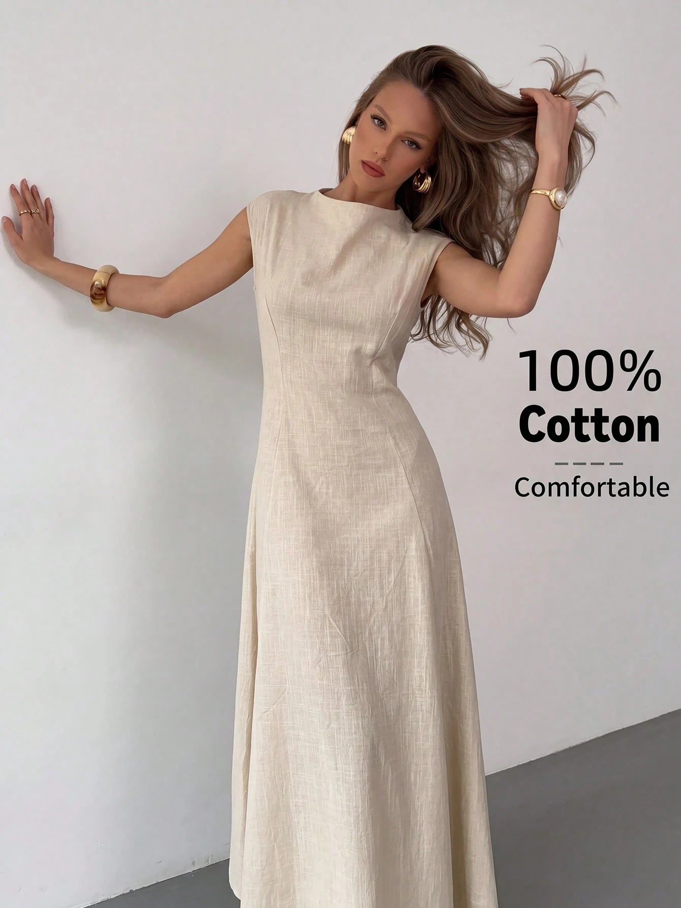 Aloruh Elegant Beige Summer Tropical Holiday Tea Party Vacation Cotton Maxi Dress For Women, Cap Sleeve Waist Gathering Pleated Skirt