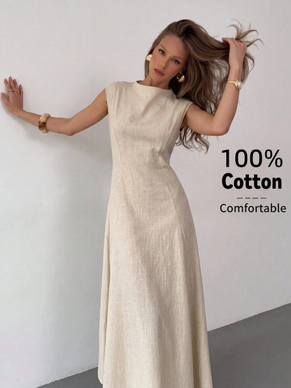 Aloruh Elegant Beige Summer Tropical Holiday Tea Party Vacation Cotton Maxi Dress For Women, Cap Sleeve Waist Gathering Pleated Skirt