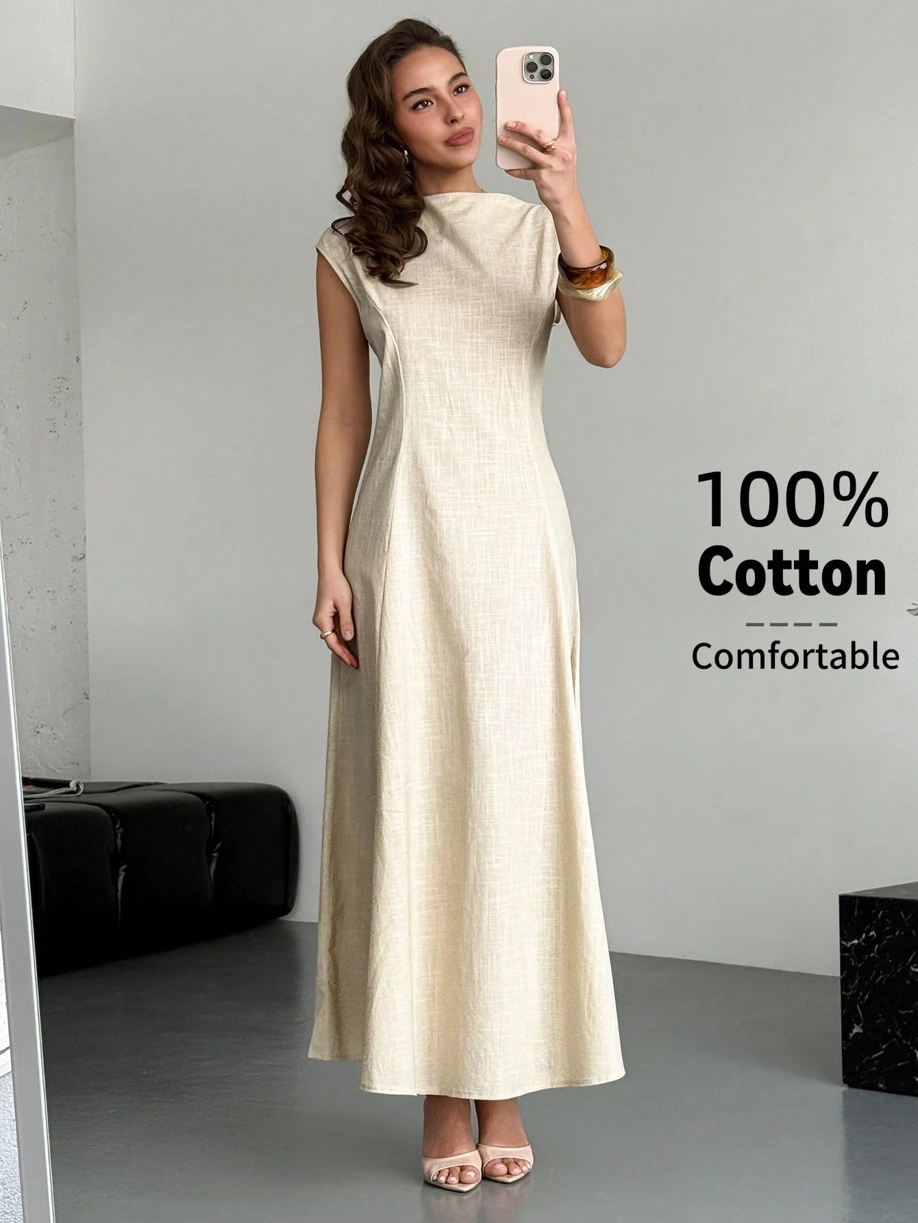 Aloruh Elegant Beige Summer Tropical Holiday Tea Party Vacation Cotton Maxi Dress For Women, Cap Sleeve Waist Gathering Pleated Skirt