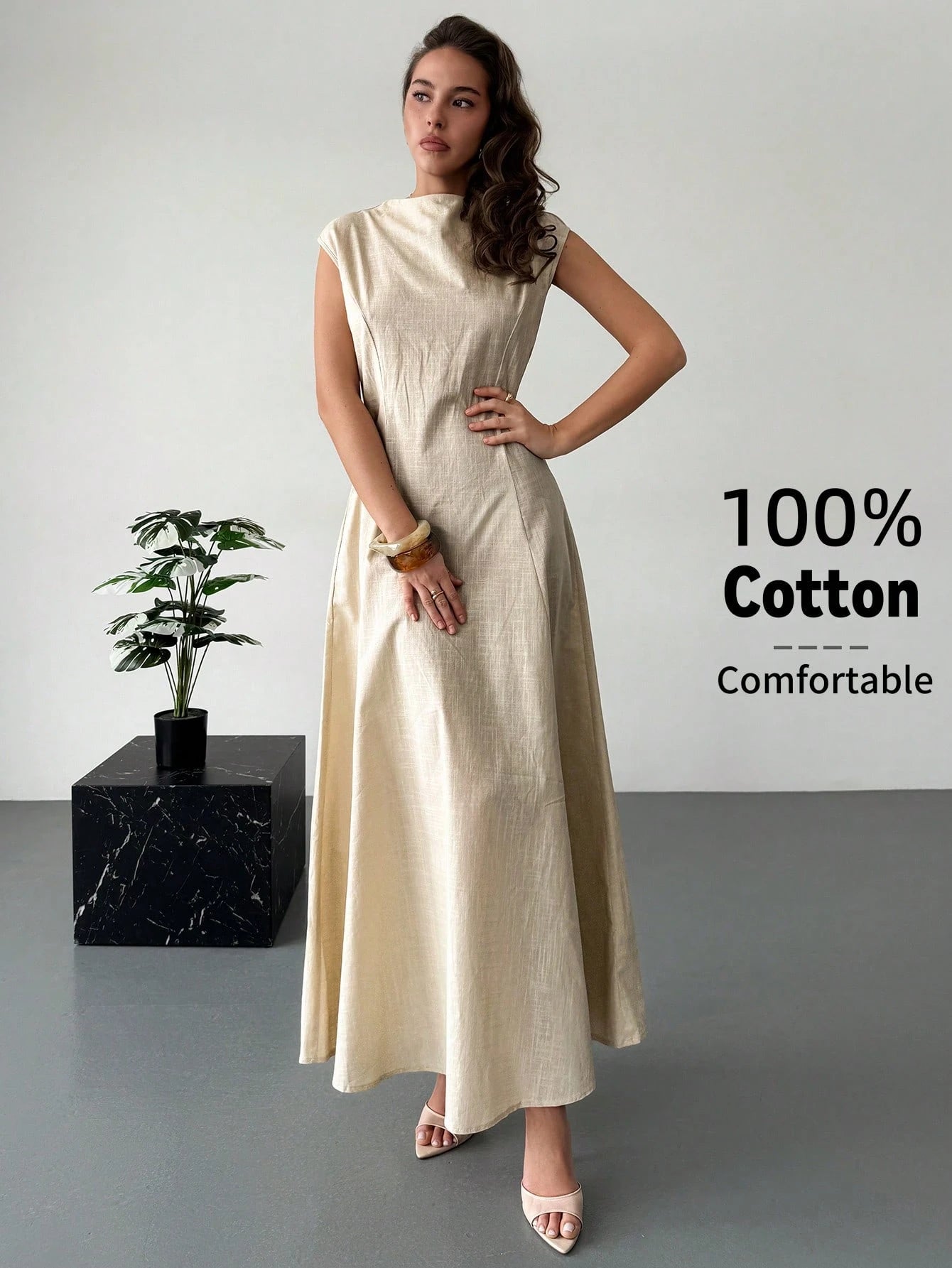 Aloruh Elegant Beige Summer Tropical Holiday Tea Party Vacation Cotton Maxi Dress For Women, Cap Sleeve Waist Gathering Pleated Skirt