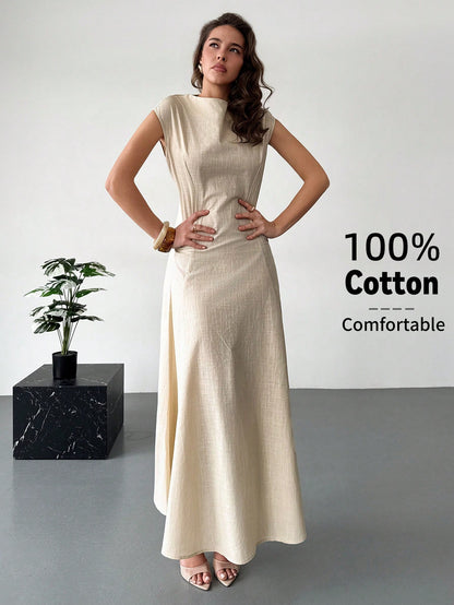 Aloruh Elegant Beige Summer Tropical Holiday Tea Party Vacation Cotton Maxi Dress For Women, Cap Sleeve Waist Gathering Pleated Skirt
