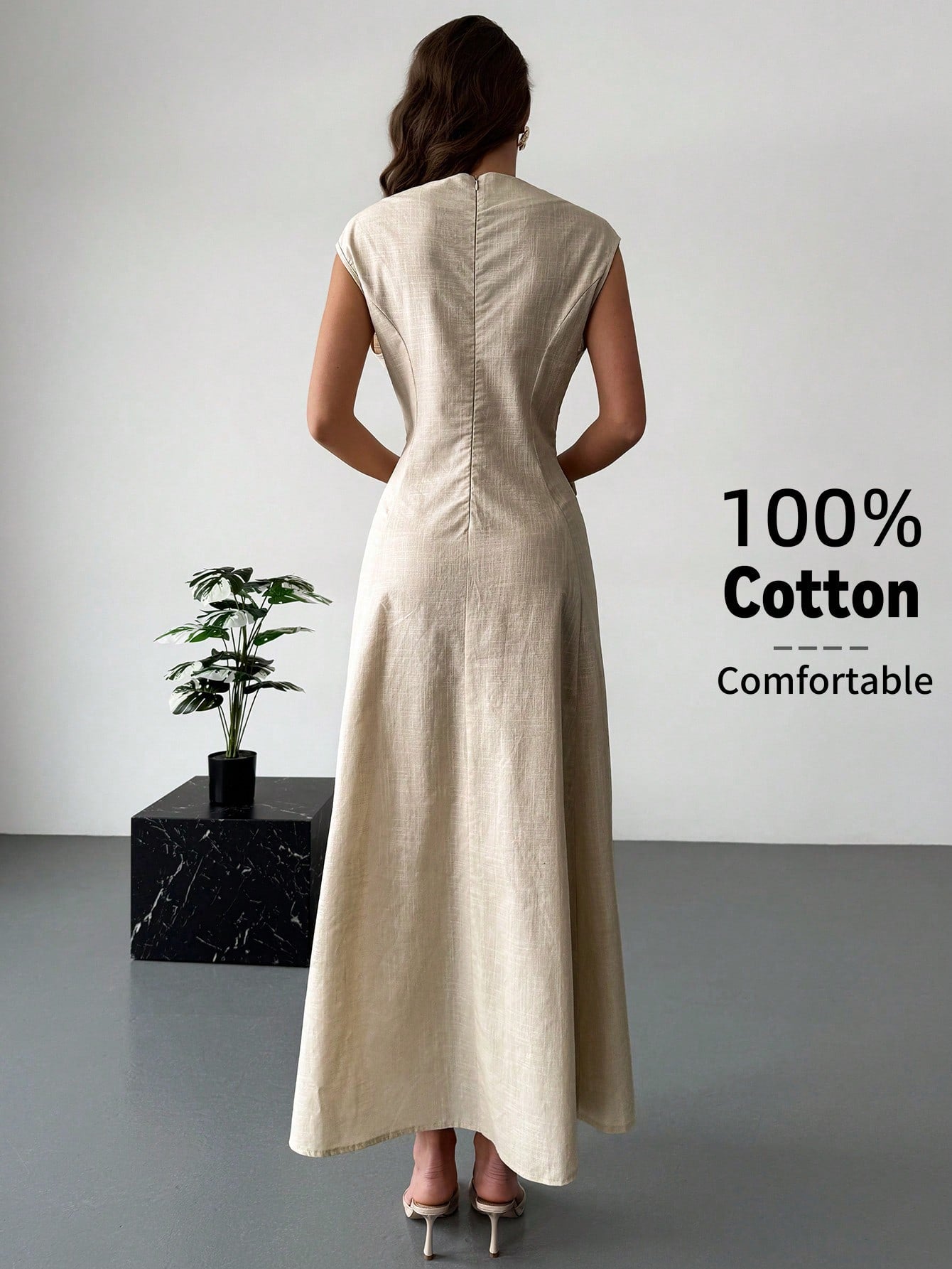 Aloruh Elegant Beige Summer Tropical Holiday Tea Party Vacation Cotton Maxi Dress For Women, Cap Sleeve Waist Gathering Pleated Skirt
