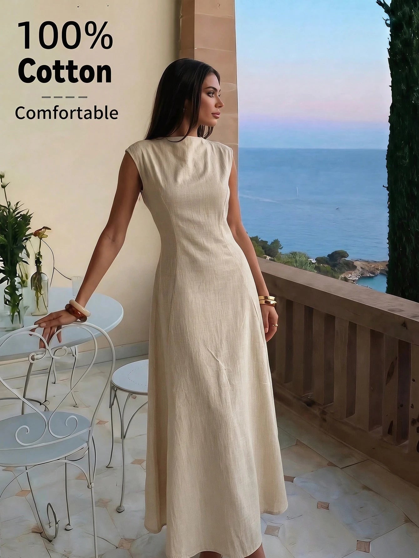 Aloruh Elegant Beige Summer Tropical Holiday Tea Party Vacation Cotton Maxi Dress For Women, Cap Sleeve Waist Gathering Pleated Skirt