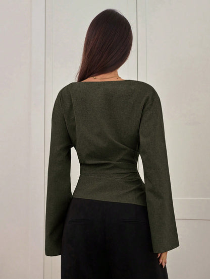 Aloruh Women's Autumn/Winter New Stylish Commuter Waist Ruched Asymmetric Hem Long Flare Sleeve V-Neck Pullover Blouse