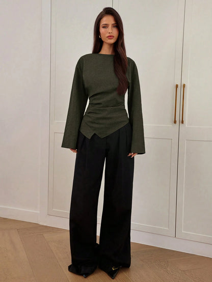 Aloruh Women's Autumn/Winter New Stylish Commuter Waist Ruched Asymmetric Hem Long Flare Sleeve V-Neck Pullover Blouse