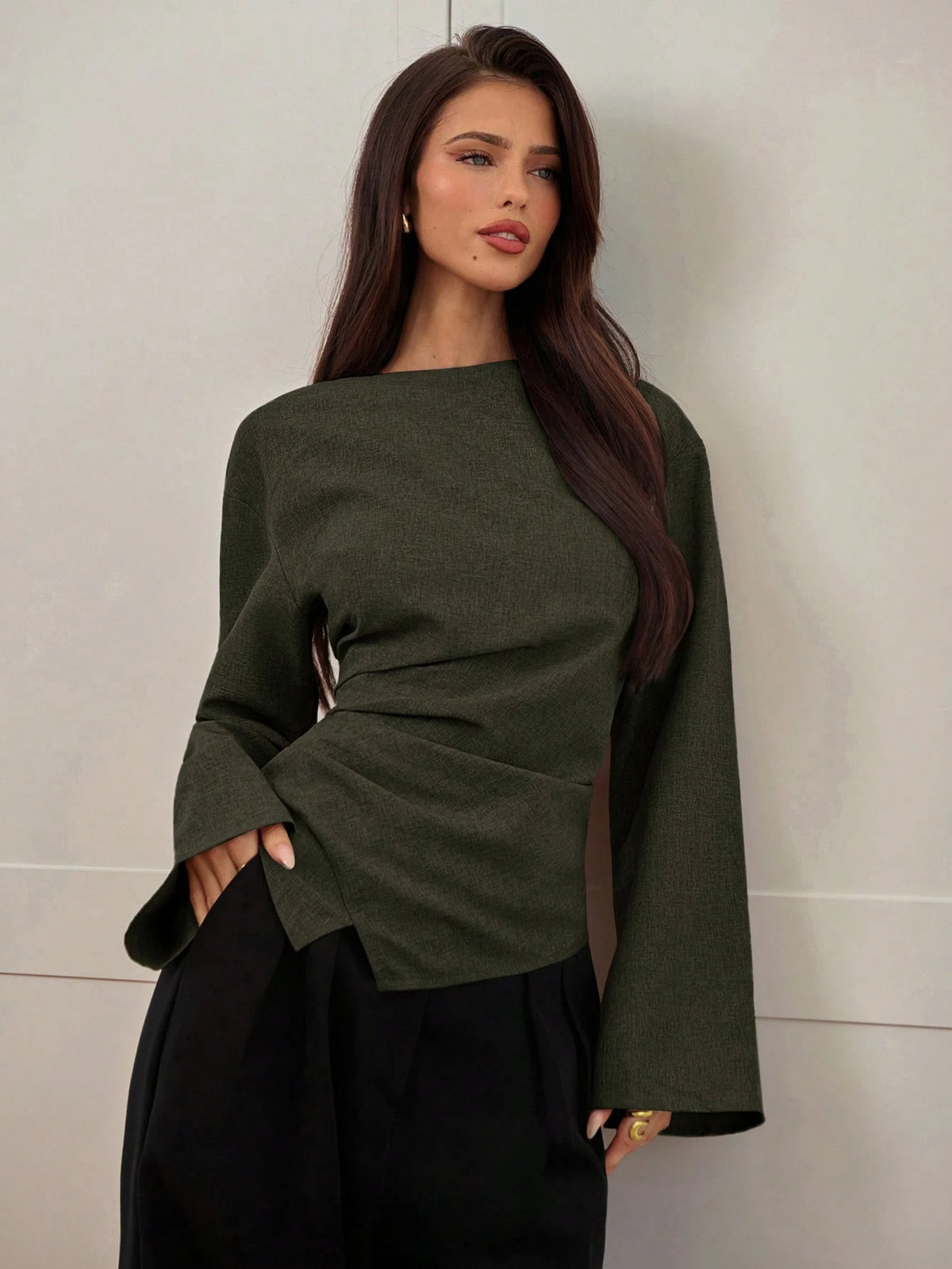 Aloruh Women's Autumn/Winter New Stylish Commuter Waist Ruched Asymmetric Hem Long Flare Sleeve V-Neck Pullover Blouse