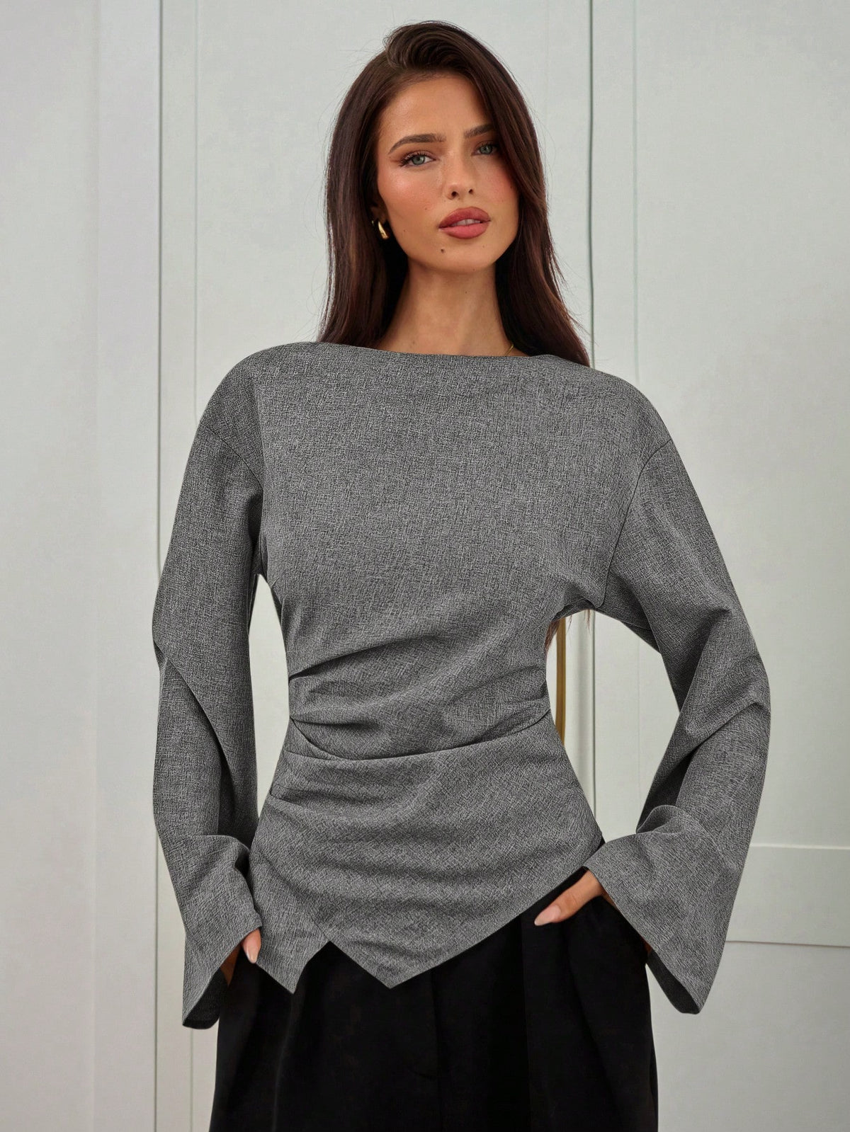 Aloruh Women's Autumn/Winter New Stylish Commuter Waist Ruched Asymmetric Hem Long Flare Sleeve V-Neck Pullover Blouse
