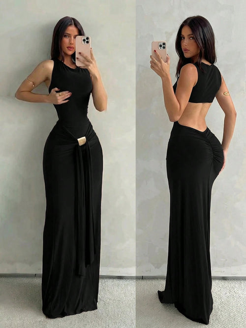 Aloruh Women's Black Sleeveless Bodycon Dress With Fish Tail Hem, Suitable For Vacation, Spring/Summer Party Night,Wedding Guest,Graduation Dress