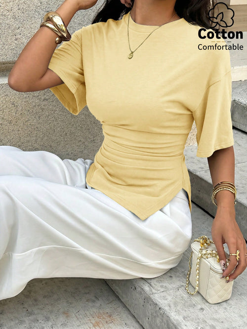 Aloruh Women's Casual Versatile Brown T-Shirt, Summer T-Shirt, Round Neck T-Shirt, Waist-Cinching Asymmetric T-Shirt