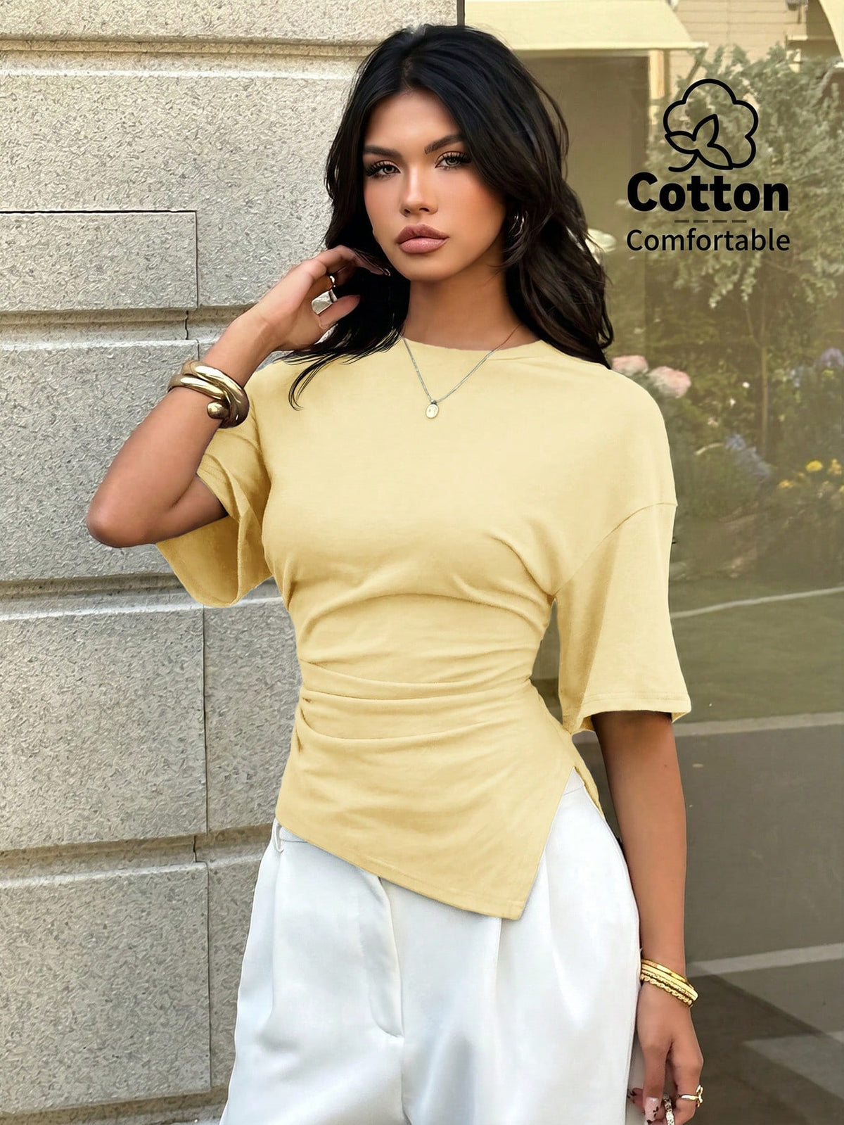 Aloruh Women's Casual Versatile Brown T-Shirt, Summer T-Shirt, Round Neck T-Shirt, Waist-Cinching Asymmetric T-Shirt