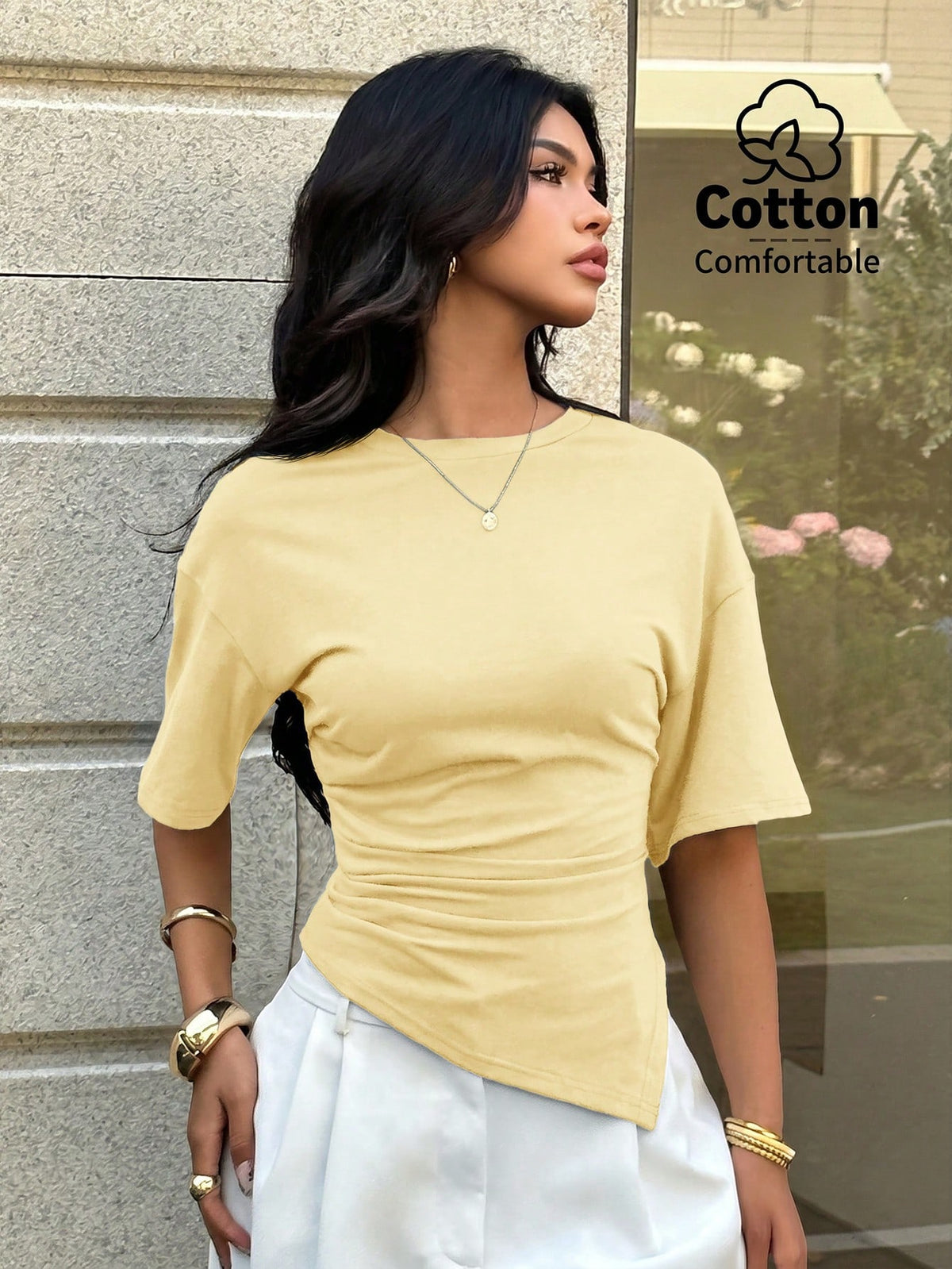 Aloruh Women's Casual Versatile Brown T-Shirt, Summer T-Shirt, Round Neck T-Shirt, Waist-Cinching Asymmetric T-Shirt
