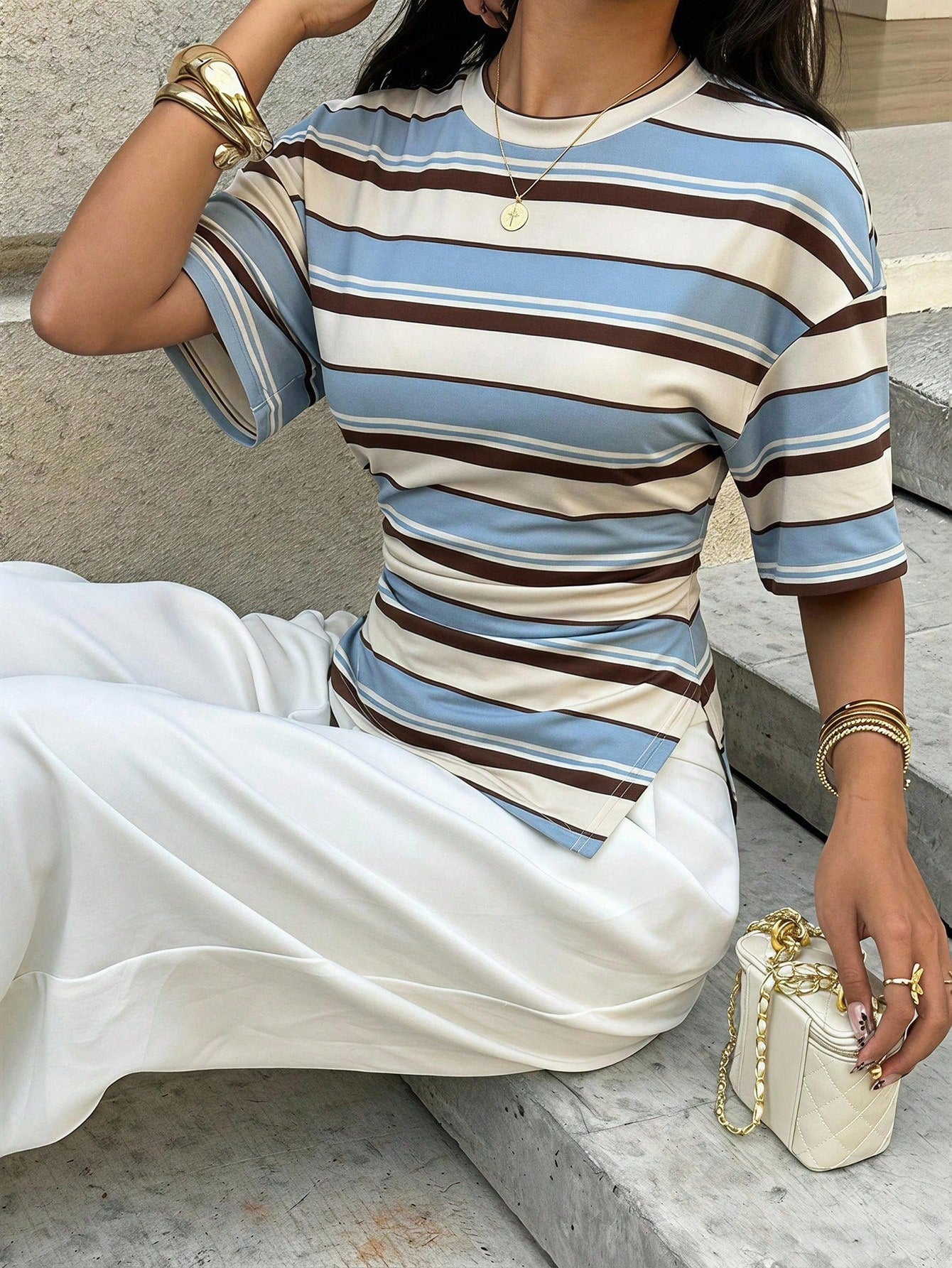 Aloruh Women's Casual Versatile Striped Waist Drawstring Ruched Asymmetrical Hem Cinched T-Shirt, Back To School Season Top, Y2K Style