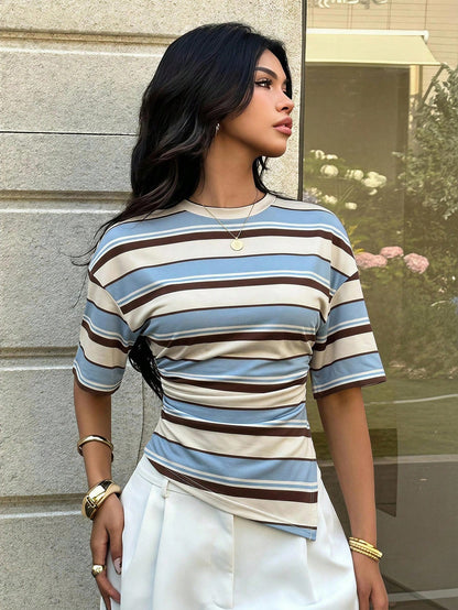 Aloruh Women's Casual Versatile Striped Waist Drawstring Ruched Asymmetrical Hem Cinched T-Shirt, Back To School Season Top, Y2K Style