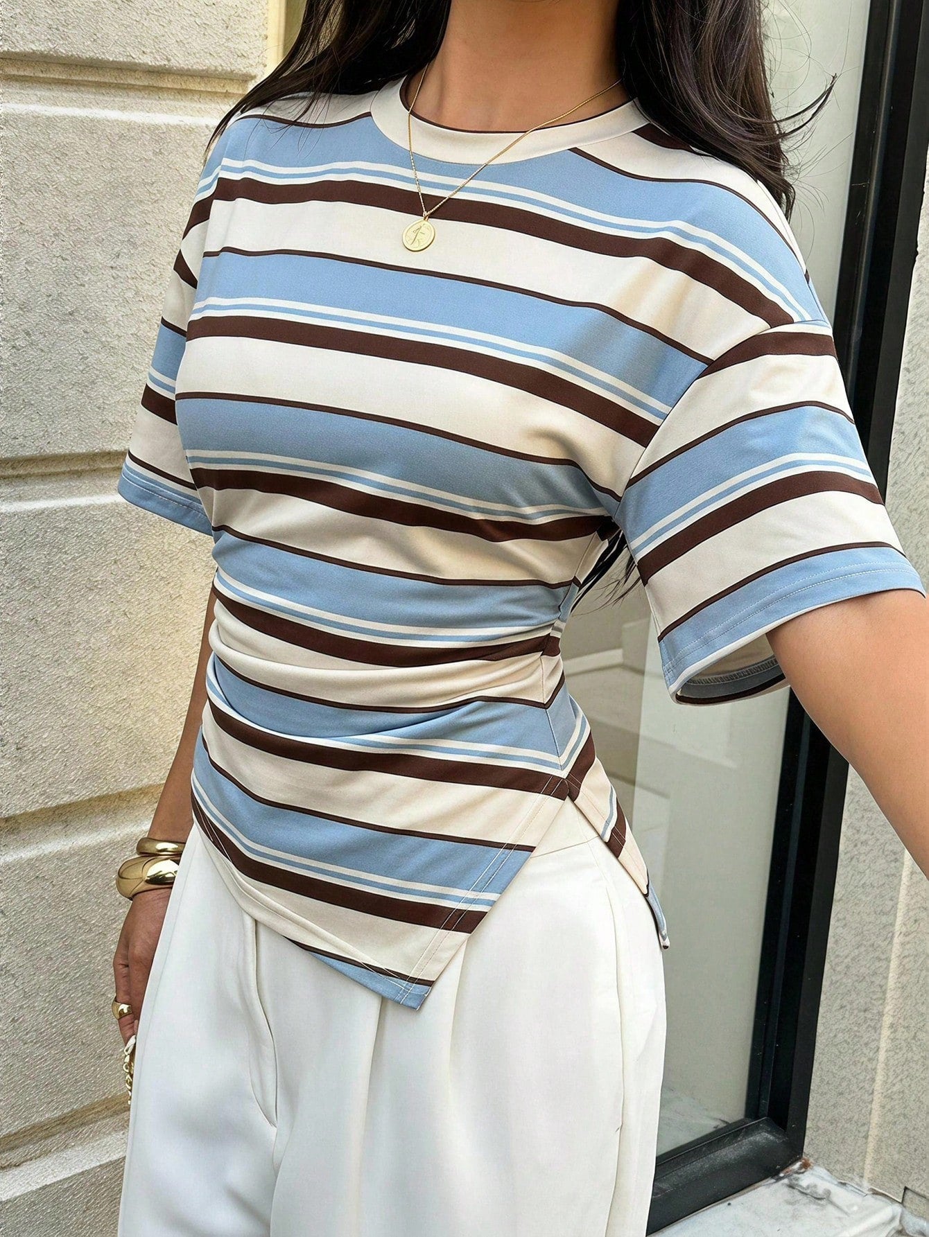 Aloruh Women's Casual Versatile Striped Waist Drawstring Ruched Asymmetrical Hem Cinched T-Shirt, Back To School Season Top, Y2K Style