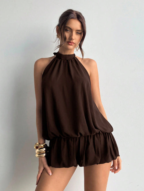Aloruh Women's Dark Brown Seksi Chic Halter Neck Dress,Summer Ruffled Hem Solid Color Elegant Party Dresses For Women,Bar Party Vacation Outfits,Commuter
