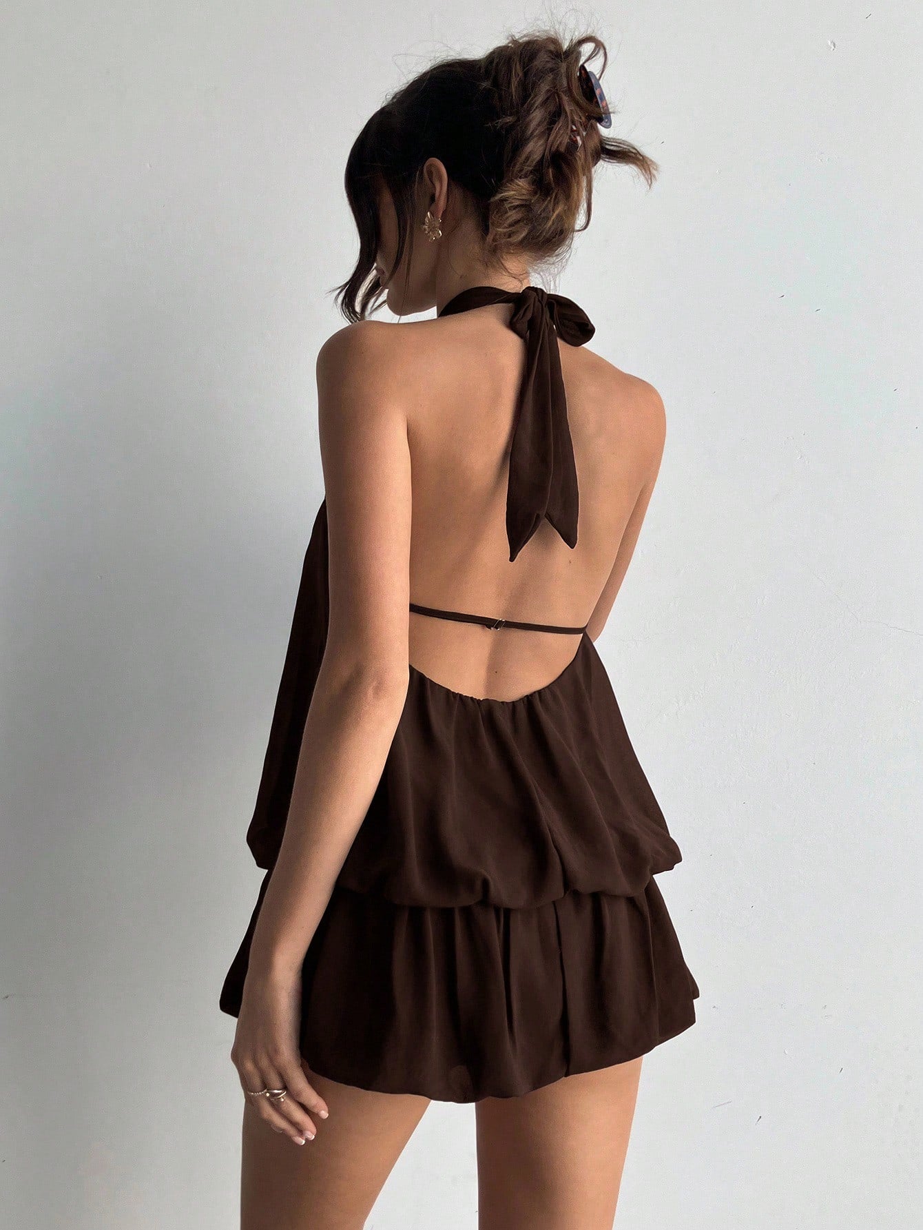 Aloruh Women's Dark Brown Seksi Chic Halter Neck Dress,Summer Ruffled Hem Solid Color Elegant Party Dresses For Women,Bar Party Vacation Outfits,Commuter
