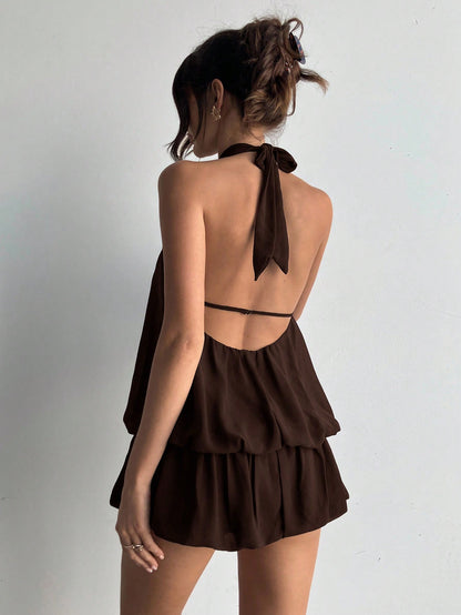 Aloruh Women's Dark Brown Seksi Chic Halter Neck Dress,Summer Ruffled Hem Solid Color Elegant Party Dresses For Women,Bar Party Vacation Outfits,Commuter