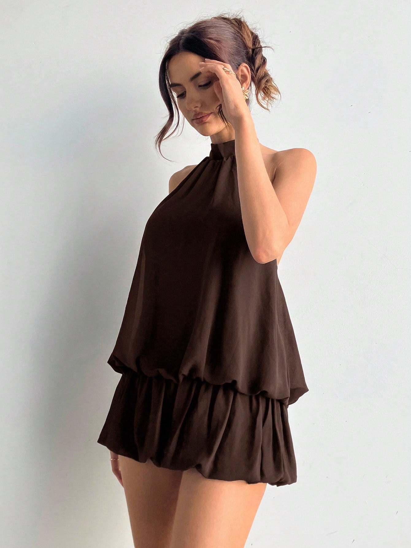 Aloruh Women's Dark Brown Seksi Chic Halter Neck Dress,Summer Ruffled Hem Solid Color Elegant Party Dresses For Women,Bar Party Vacation Outfits,Commuter