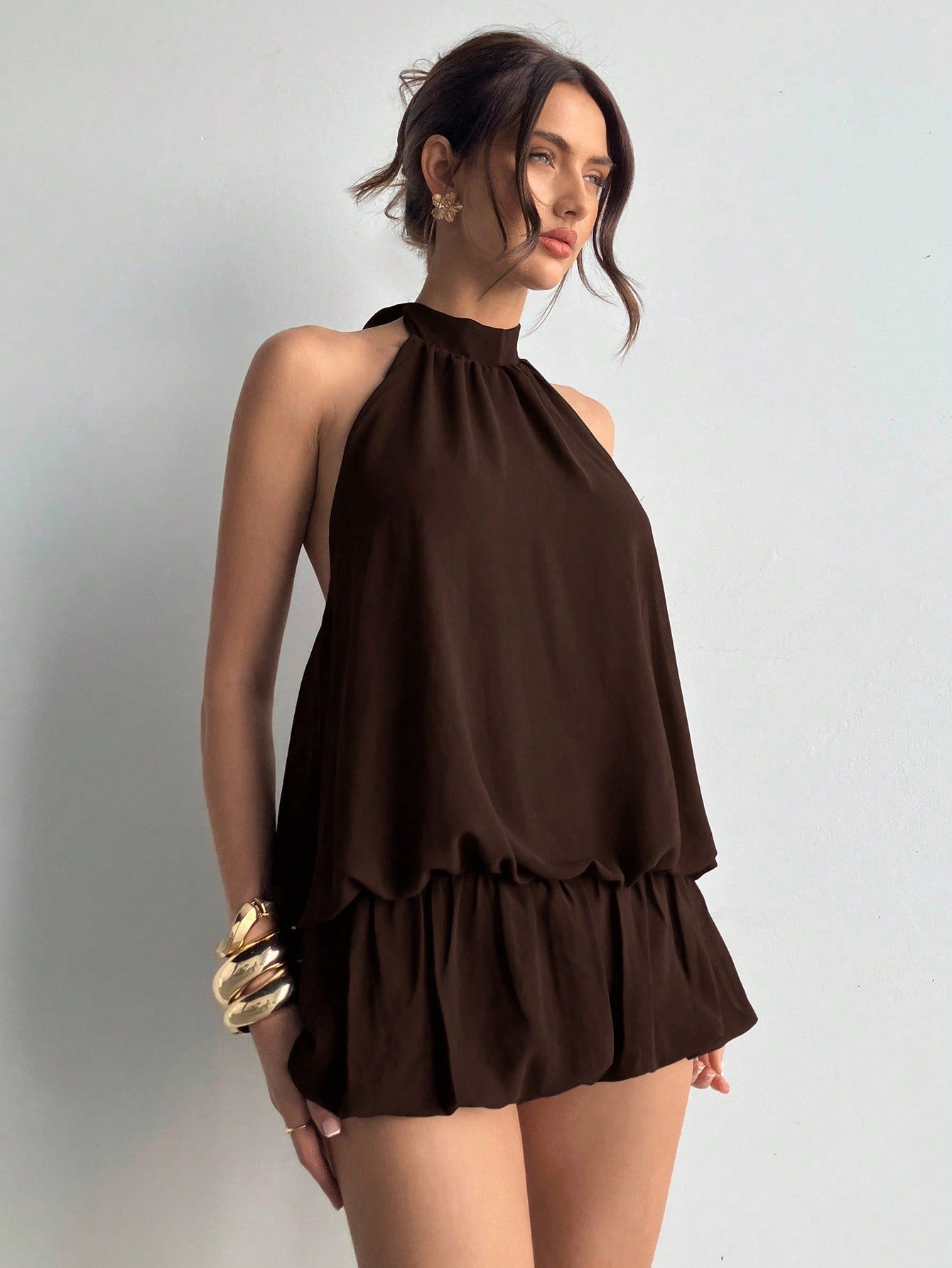 Aloruh Women's Dark Brown Seksi Chic Halter Neck Dress,Summer Ruffled Hem Solid Color Elegant Party Dresses For Women,Bar Party Vacation Outfits,Commuter