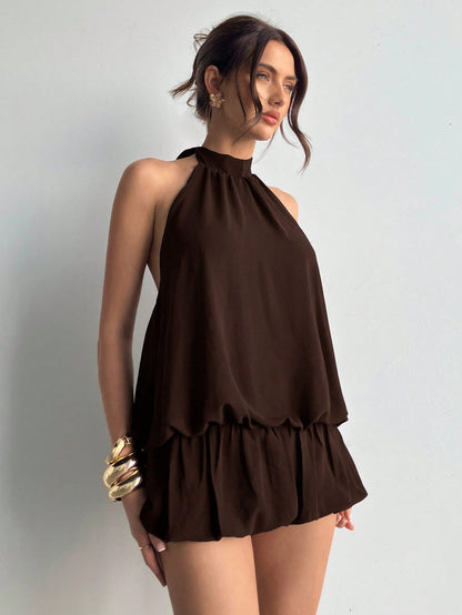Aloruh Women's Dark Brown Seksi Chic Halter Neck Dress,Summer Ruffled Hem Solid Color Elegant Party Dresses For Women,Bar Party Vacation Outfits,Commuter