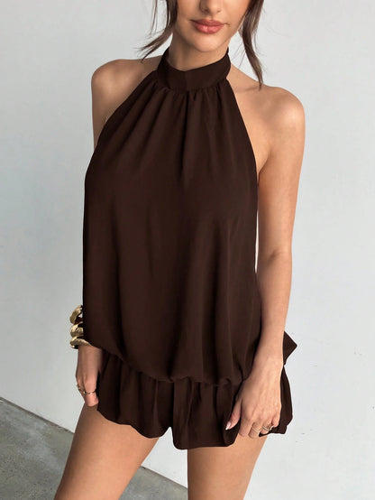 Aloruh Women's Dark Brown Seksi Chic Halter Neck Dress,Summer Ruffled Hem Solid Color Elegant Party Dresses For Women,Bar Party Vacation Outfits,Commuter