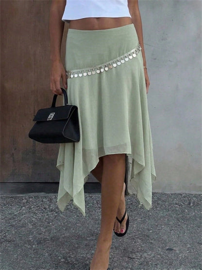 Aloruh Women's Elegant Asymmetric Chiffon Pleated Skirt, Romantic Holiday Style