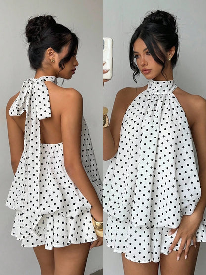 Aloruh Women's Elegant Cute 1960s Vintage White With Black Polka Dots Print Halter Backless Mini Dress, New Year Dress, Party Vacation Dresses Summer