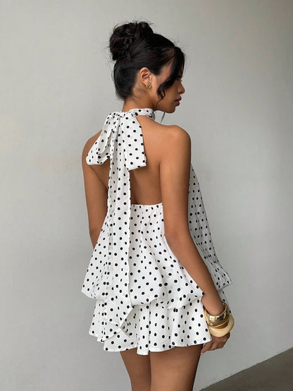 Aloruh Women's Elegant Cute 1960s Vintage White With Black Polka Dots Print Halter Backless Mini Dress, New Year Dress, Party Vacation Dresses Summer