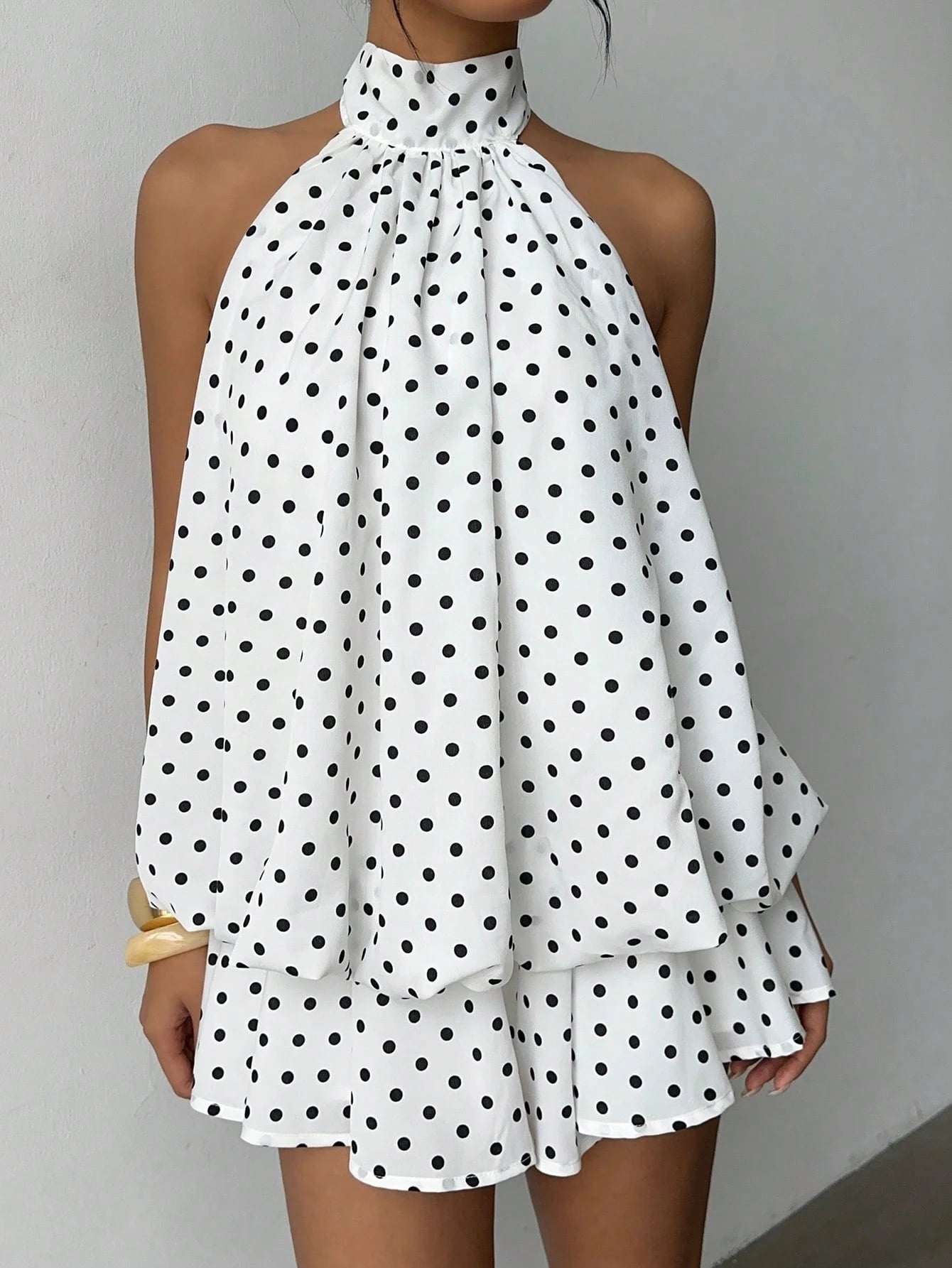 Aloruh Women's Elegant Cute 1960s Vintage White With Black Polka Dots Print Halter Backless Mini Dress, New Year Dress, Party Vacation Dresses Summer