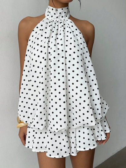Aloruh Women's Elegant Cute 1960s Vintage White With Black Polka Dots Print Halter Backless Mini Dress, New Year Dress, Party Vacation Dresses Summer
