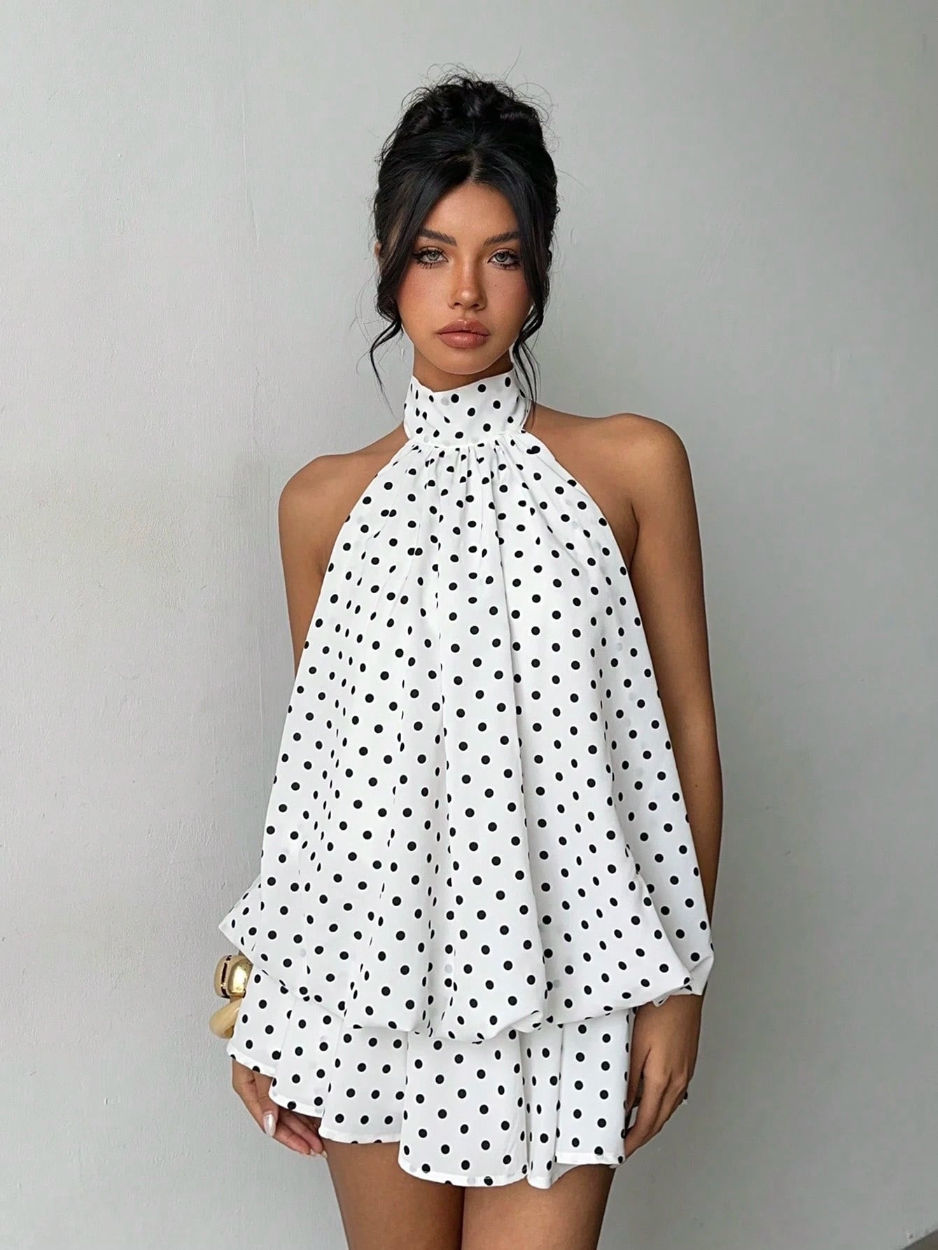 Aloruh Women's Elegant Cute 1960s Vintage White With Black Polka Dots Print Halter Backless Mini Dress, New Year Dress, Party Vacation Dresses Summer
