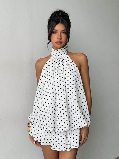 Aloruh Women's Elegant Cute 1960s Vintage White With Black Polka Dots Print Halter Backless Mini Dress, New Year Dress, Party Vacation Dresses Summer