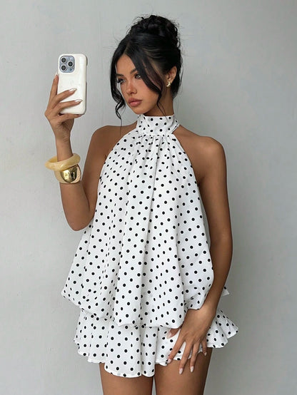 Aloruh Women's Elegant Cute 1960s Vintage White With Black Polka Dots Print Halter Backless Mini Dress, New Year Dress, Party Vacation Dresses Summer