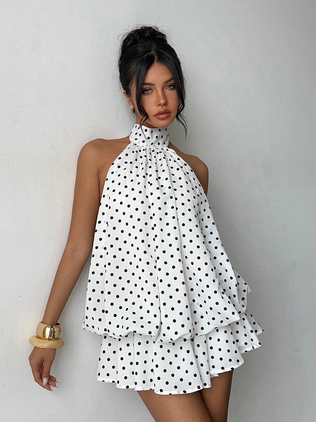 Aloruh Women's Elegant Cute 1960s Vintage White With Black Polka Dots Print Halter Backless Mini Dress, New Year Dress, Party Vacation Dresses Summer