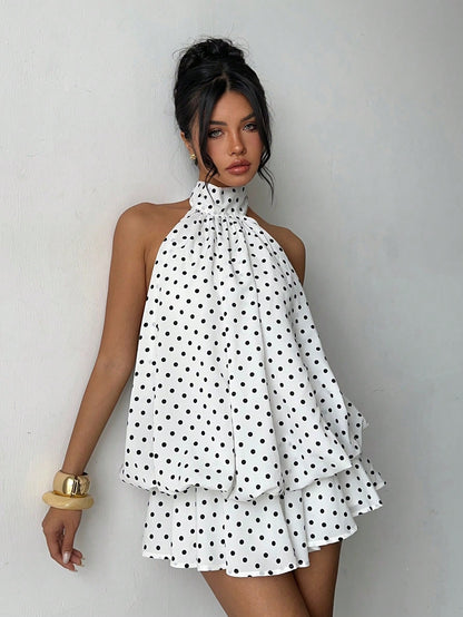 Aloruh Women's Elegant Cute 1960s Vintage White With Black Polka Dots Print Halter Backless Mini Dress, New Year Dress, Party Vacation Dresses Summer