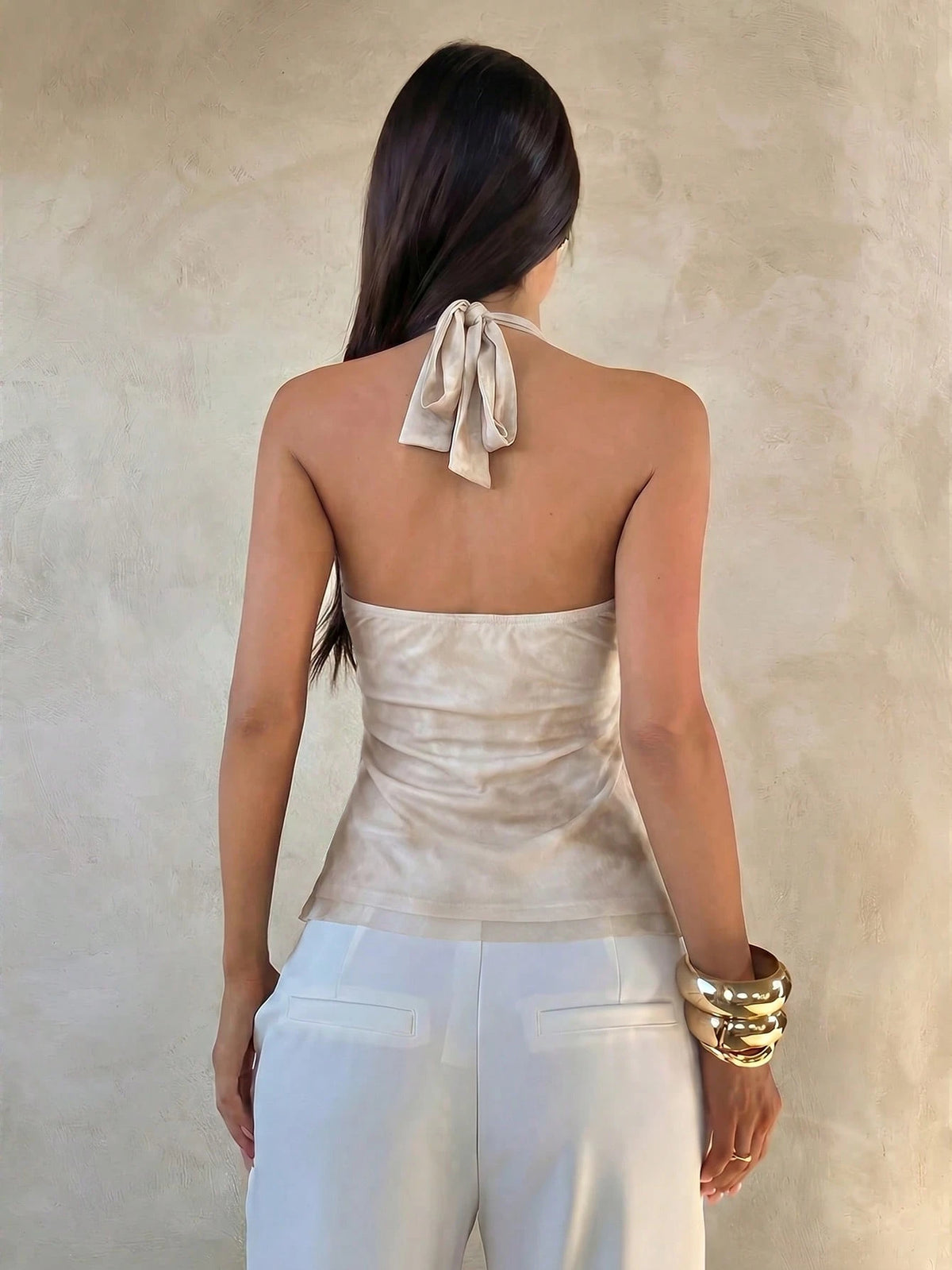 Aloruh Women's Elegant Rave Multi-Layer Ruffle Trim Stand Collar Fitted Tank Top Vacation Beige Summer Wedding Guest Graduation Dress