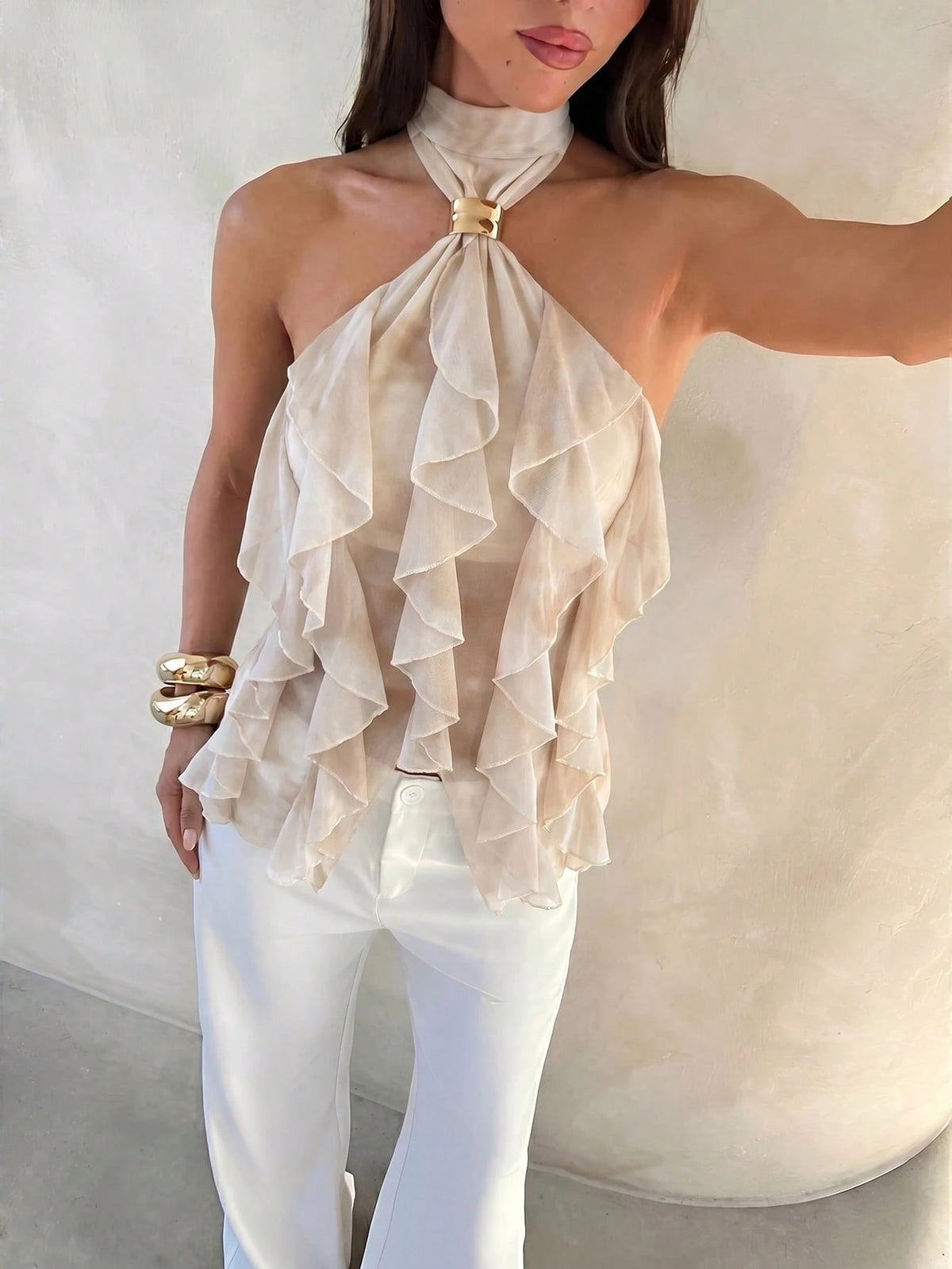 Aloruh Women's Elegant Rave Multi-Layer Ruffle Trim Stand Collar Fitted Tank Top Vacation Beige Summer Wedding Guest Graduation Dress