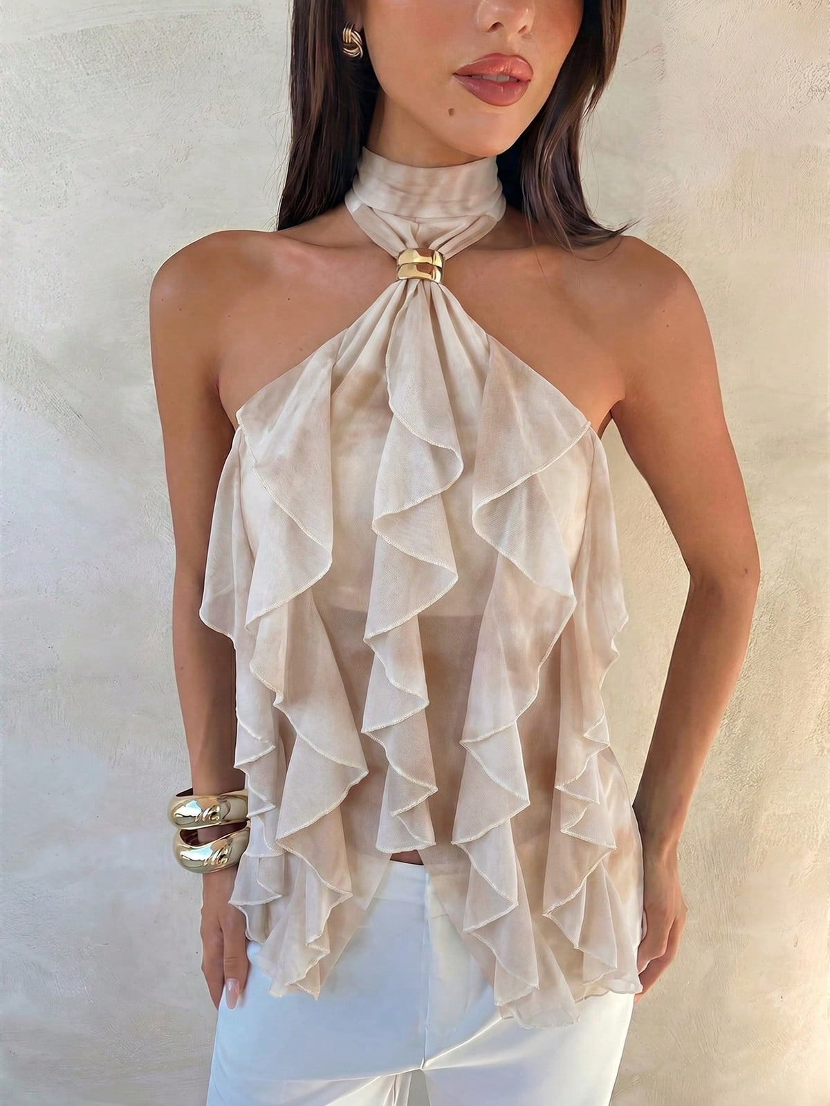 Aloruh Women's Elegant Rave Multi-Layer Ruffle Trim Stand Collar Fitted Tank Top Vacation Beige Summer Wedding Guest Graduation Dress