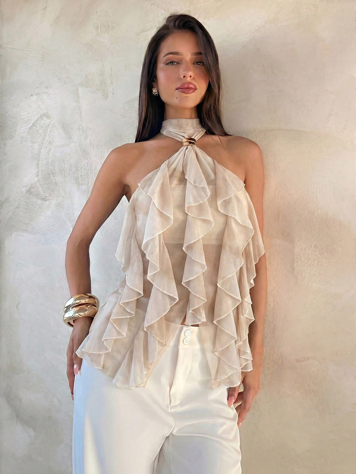 Aloruh Women's Elegant Rave Multi-Layer Ruffle Trim Stand Collar Fitted Tank Top Vacation Beige Summer Wedding Guest Graduation Dress