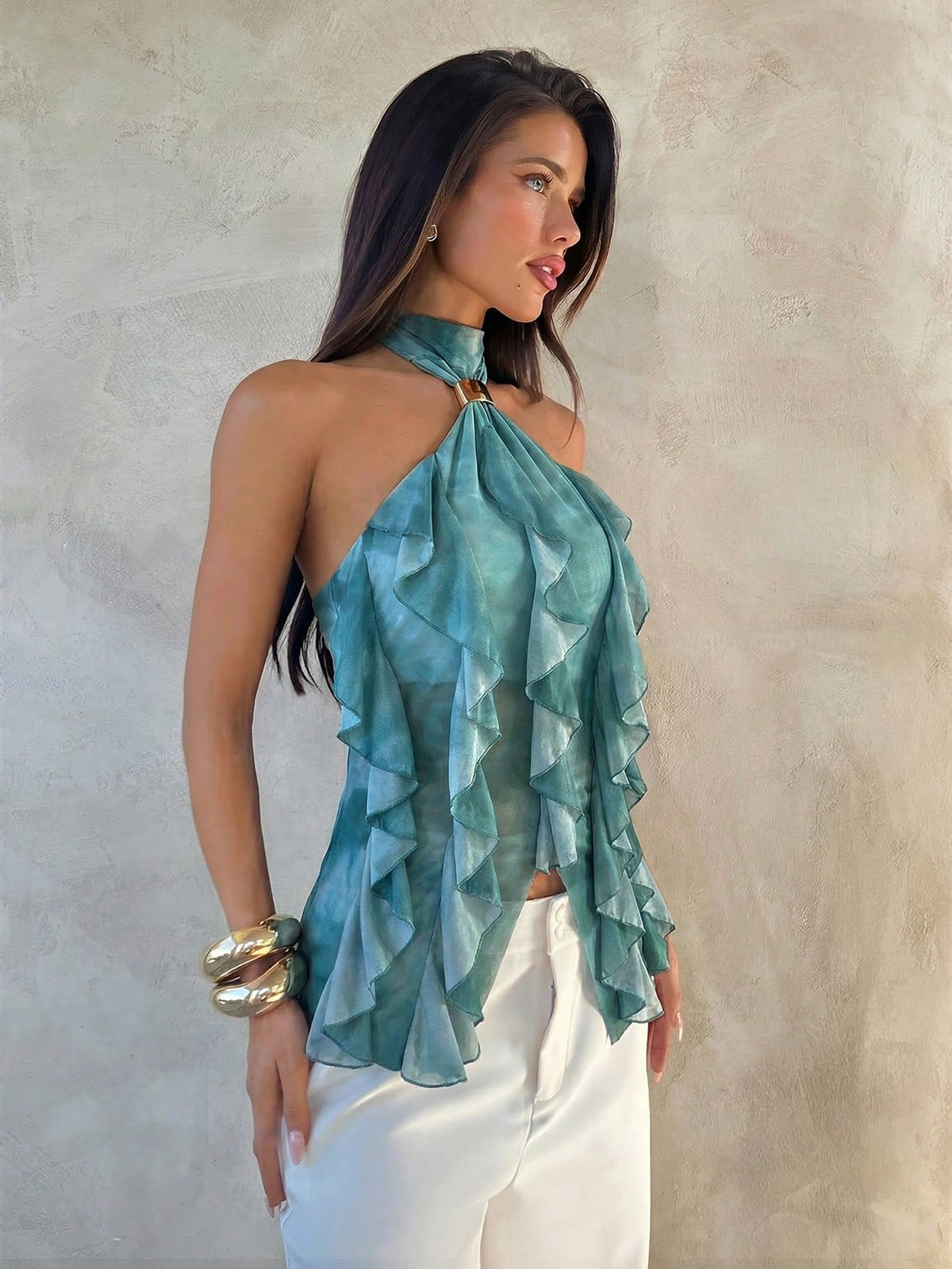 Aloruh Women's Elegant Rave Multi-Layer Ruffle Trim Stand Collar Fitted Tank Top Vacation Beige Summer Wedding Guest Graduation Dress