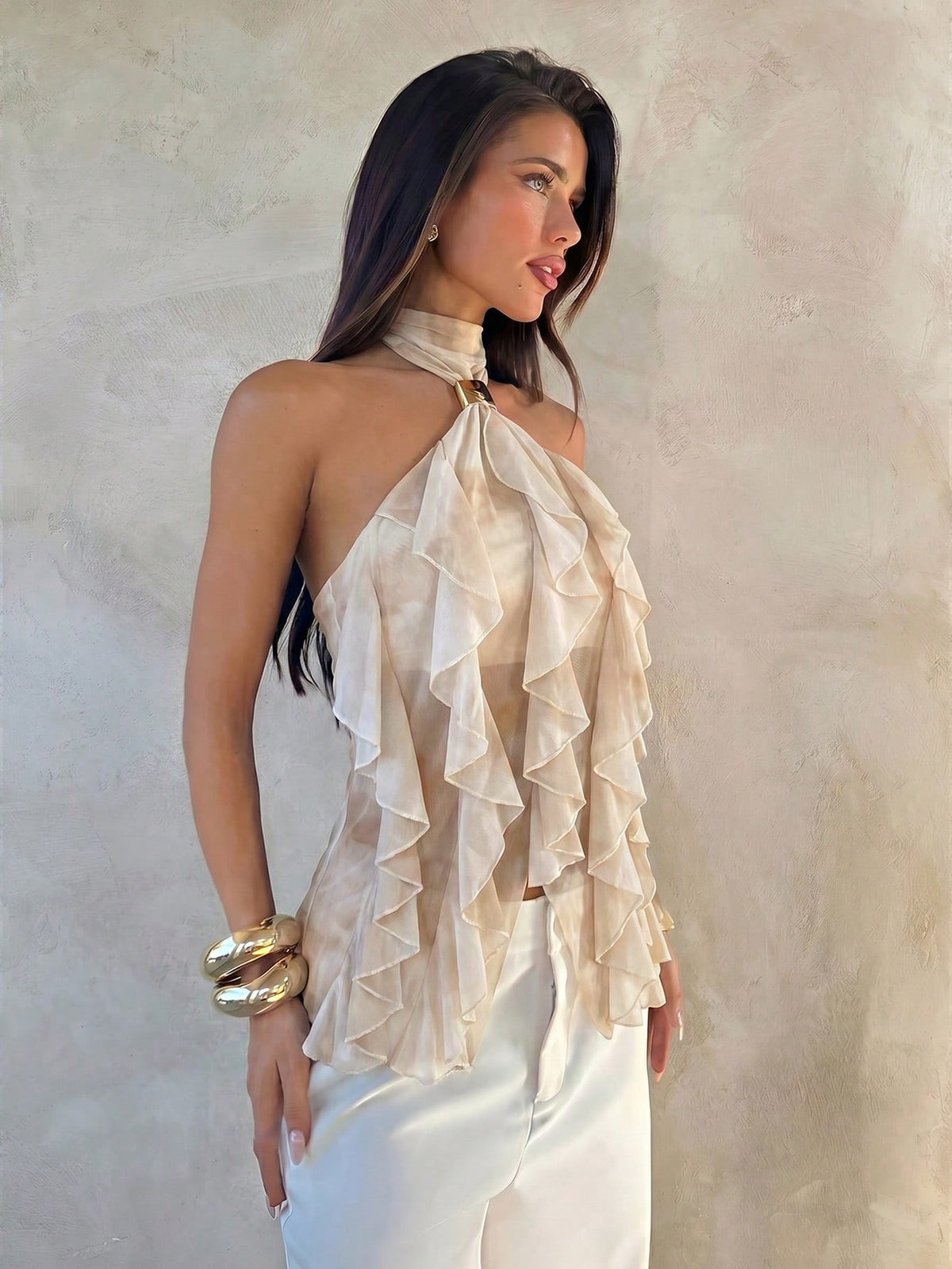 Aloruh Women's Elegant Rave Multi-Layer Ruffle Trim Stand Collar Fitted Tank Top Vacation Beige Summer Wedding Guest Graduation Dress
